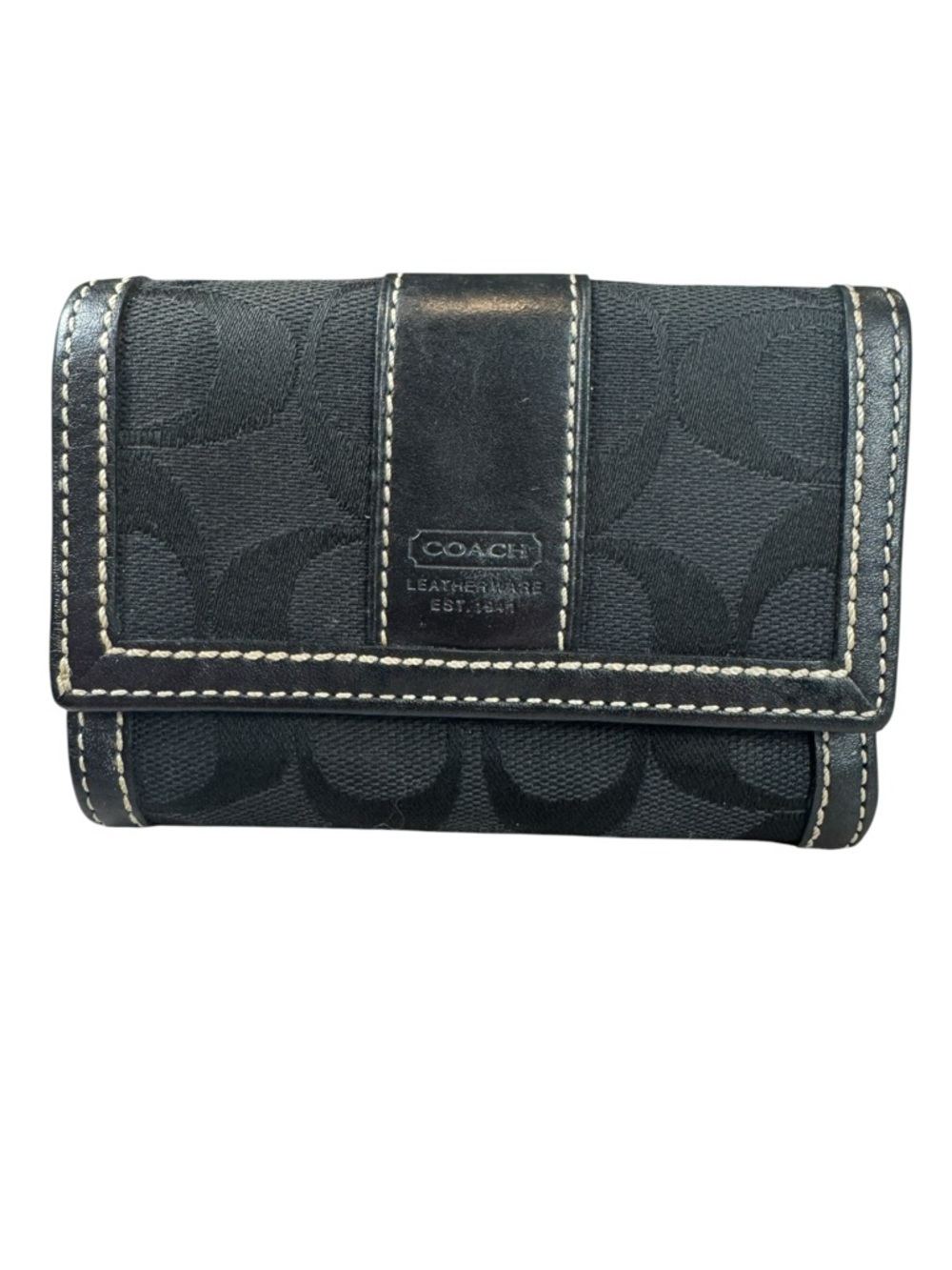 Coach Vintage Black Signature Jacquard Trifold Wallet Leather Monogram Y2K